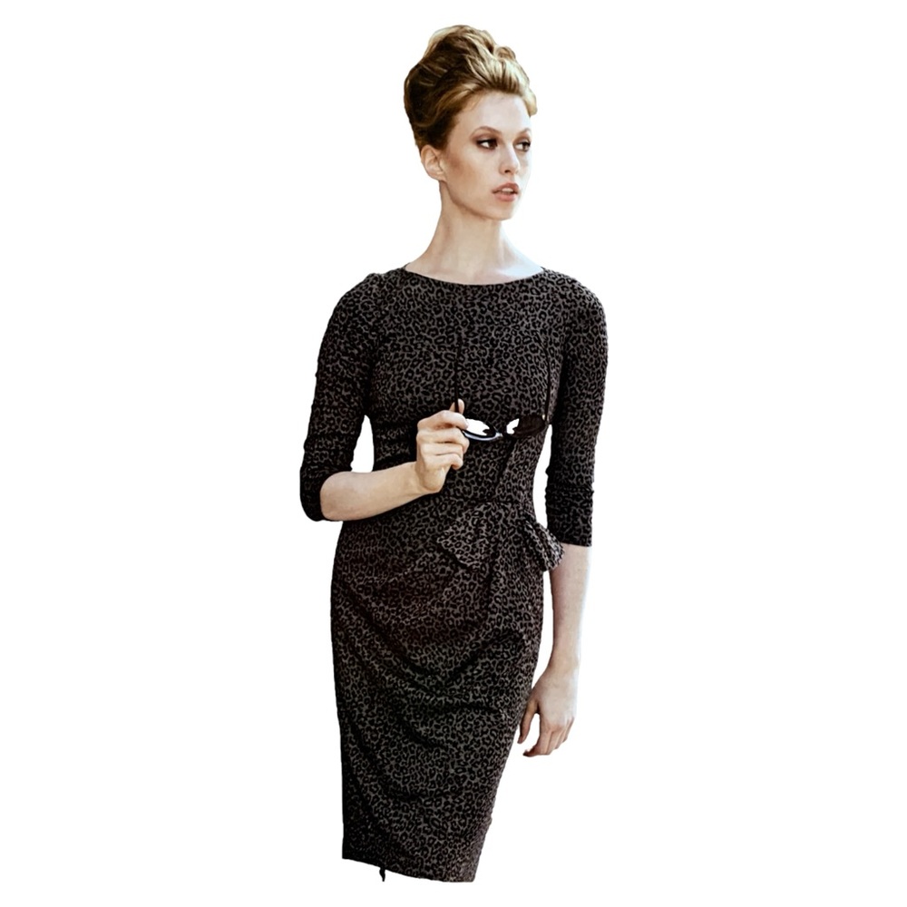 David Meister Gray Leopard Print Ruched Sheath Dress